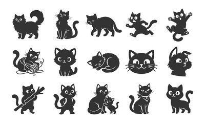 Obraz premium Funny Cute Black Cat Vector Silhouette Icons Set with Playful Kitten, Scared Kitty, and Yarn Ball Emblems