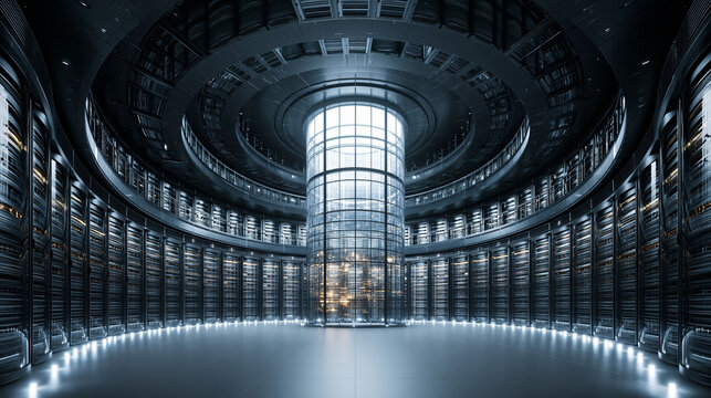Circular Data Center Server Room with Central Cooling System