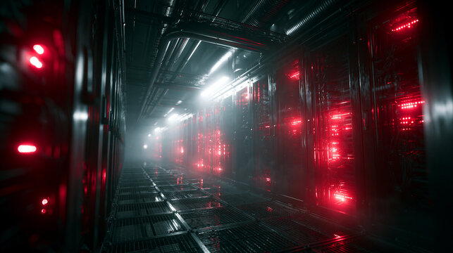 Data Center Server Racks with Red Indicator Lights