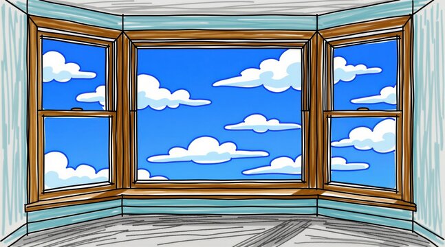 Sketch of bay window inside modern house room. Hand drawn artistic perspective shows bright blue sky with white clouds through wooden frame panes. Concept design of home interior architecture decor