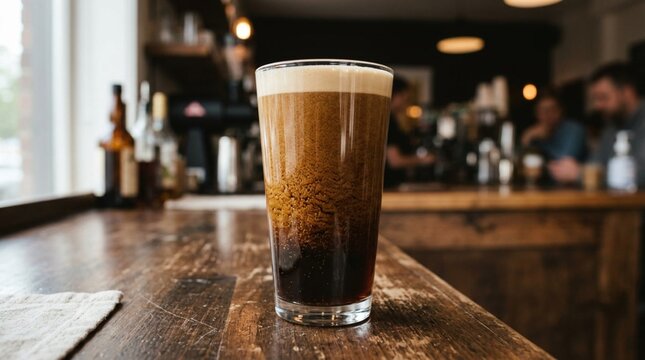 A tall glass of dark foamy beverage rests on a rustic wooden bar in a softly blurred cafe, suited for craft drink menus or hospitality promotions.