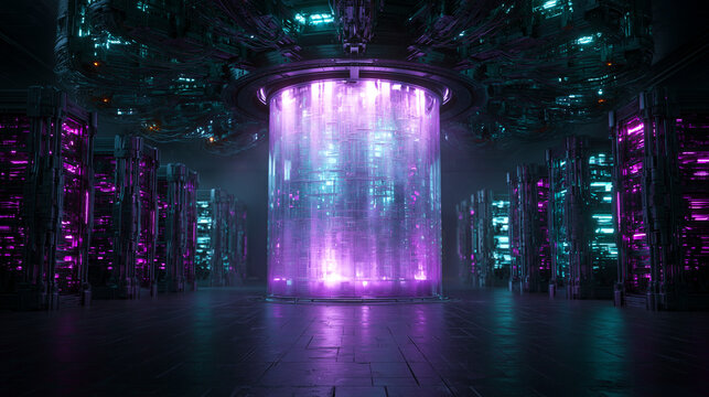 Next-generation quantum computing room, central glowing cylindrical server core encased in clear glass, radial arrangement of dark metallic racks, intense violet and teal LED glow, dark reflective 
