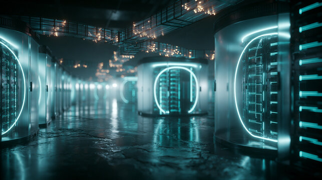 Futuristic Data Center Server Room With Neon Lights
