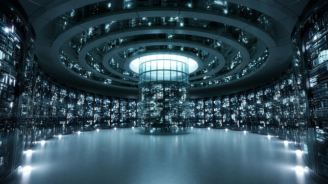 High-Tech Data Center Server Room With Central Control Hub