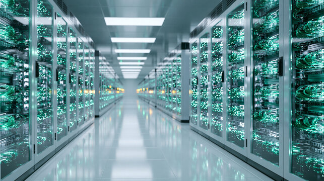 Server Room with Illuminated Network Equipment in Data Center