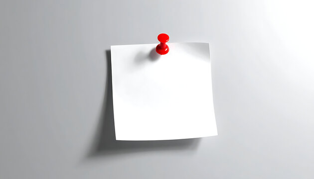 Square blank paper note attached to wall with red pushpin, reminder or message