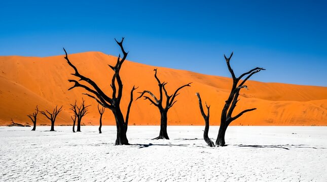 Surreal stark contrast of dead black camel thorn trees on a white clay pan backed by huge red sand dunes and blue sky