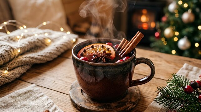 Steaming spiced hot drink in a rustic mug with orange, cranberries, cinnamon and star anise on a cozy holiday table for seasonal beverage promotions.