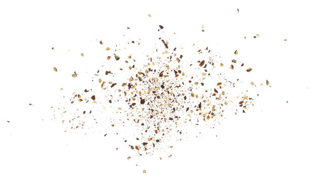Minced black pepper, ground peppercorn flying isolated on white background, clipping path, macro, transparency