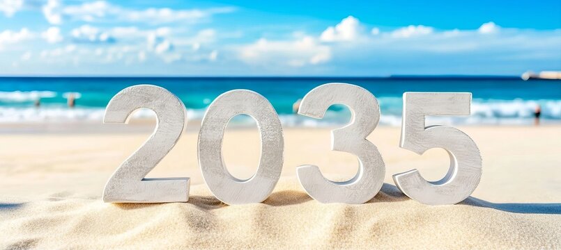 Wooden Numerals 2035 Standing on a Sandy Beach With Blue Ocean Waves and Clear Sky Background.
