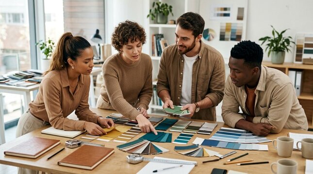 A diverse interior design team collaborates over color swatches and material samples in a bright office, ideal for branding creative consulting services.