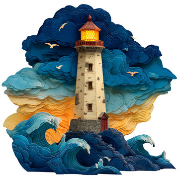 Handcrafted paper pop-up lighthouse model with detailed waves and stormy sky background