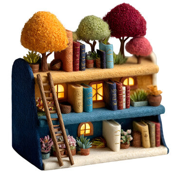 Handcrafted paper pop-up library model showcasing miniature bookshelves and colorful trees