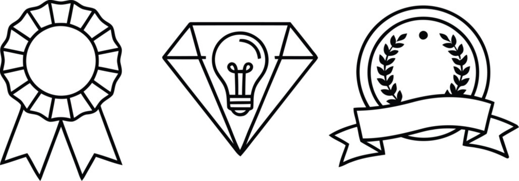 Set of three linear design elements and award ribbon icon collection