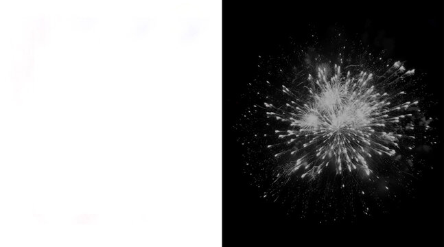 Explosive white powder burst on black background, dynamic flour splash motion, abstract dust cloud particles for creative design overlays