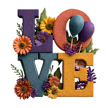 Handcrafted paper pop-up letters spelling love with vibrant flowers and greenery for greeting cards