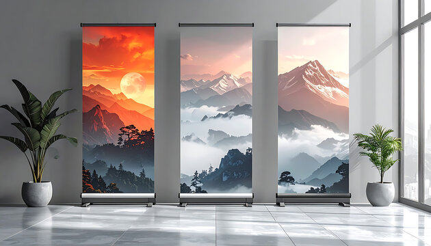 Three roll-up banners displaying pixel art mountain landscapes with dramatic lighting, placed in a modern interior space near a large window