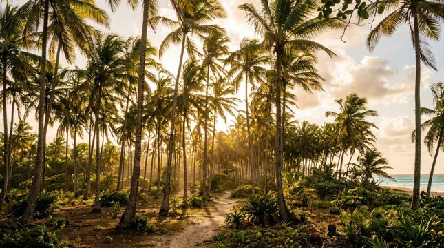 Sunlit coconut palms line a sandy path beside a tropical beach at golden hour, ideal for promoting island vacations, eco resorts, or wellness retreats.