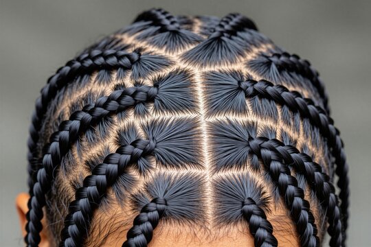 Closeup top view of intricate braided hairstyle on black woman head. Stylized hair pattern features creative geometric sections, detailed cornrows. Pro salon coiffure shows textured ethnic beauty