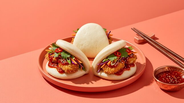 Three steamed bao buns with crispy fried chicken and fresh vegetables on a peach plate with dipping sauce