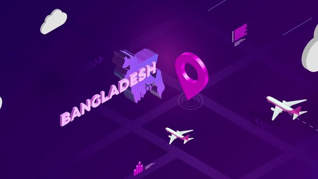 Isometric Design, Bangladesh Map Silhouette Location Pin and Airplanes on Purple Animation, Travel Background