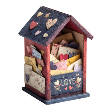 Handcrafted paper mailbox with love-themed envelopes and decorative autumn leaves
