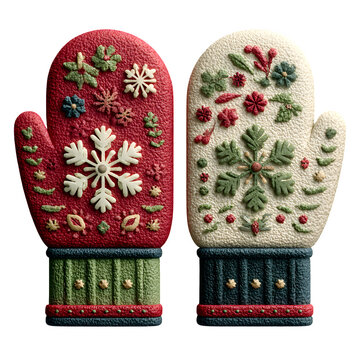 Handcrafted winter mittens with floral embroidery and pom-pom trim displayed against neutral background