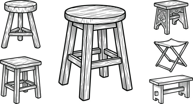 Woodcut Illustration of Six Traditional Wooden Stools Showing Diverse Carved Folding Bench Designs