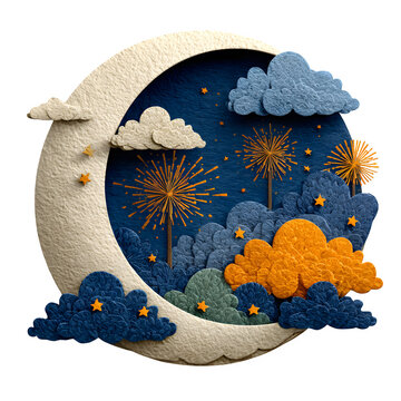 Handcrafted paper pop-up moon with fireworks and clouds for creative branding and event decor