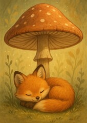 Fototapeta premium Whimsical fox under mushroom.