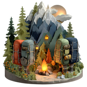 Camping family enjoying outdoor firelight in realistic mountain forest setting with cozy cabin backdrop