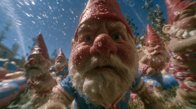 Extreme Close-Up Action Shot of Lawn Gnomes Caught in Water Sprinkler Spray