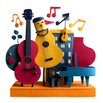 Handcrafted paper pop-up orchestra performing live music on stage with vibrant musical notes