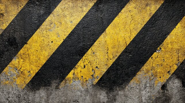 Close-up of aged concrete surface, featuring diagonal yellow and black warning stripes with textured detail, suggesting caution