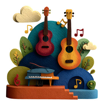 Handcrafted felted wool musical instruments pop-up display featuring guitar, violin, and piano on stage backdrop