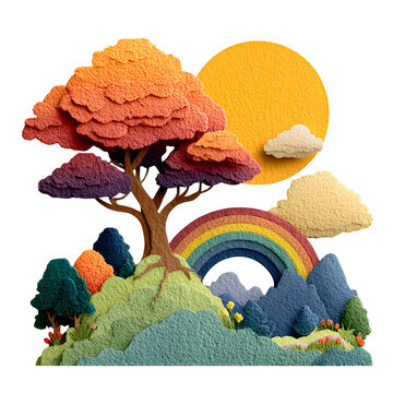 Handcrafted paper pop-up scene featuring whimsical landscape with rainbow and sunset sky
