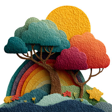 Handcrafted paper pop-up scene featuring whimsical tree and rainbow over textured landscape