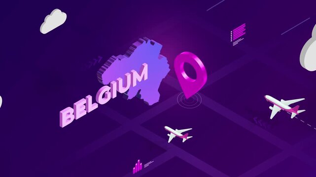 Isometric Design, Belgium Map Silhouette Location Pin and Airplanes on Purple Animation, Travel Background
