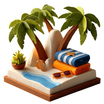Handcrafted paper pop-up model of beach resort with surfboard and towels on sandy base