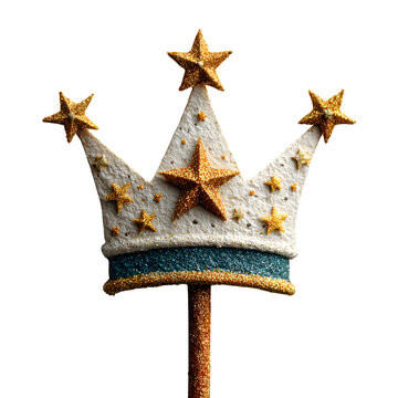 Vintage gold glitter crown with star accents mounted on wooden staff for event decoration