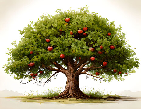 Large apple tree with ripe red fruits and lush green leaves standing in nature