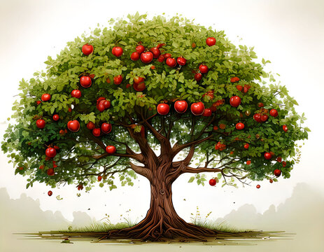 Large apple tree with red fruits and green leaves standing in nature
