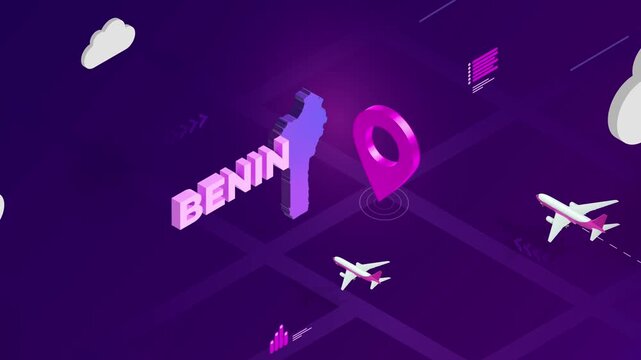 Isometric Design, Benin Map Silhouette Location Pin and Airplanes on Purple Animation, Travel Background