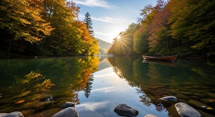 Autumn forest reflected in calm lake during golden hour with lone boat © MIRNasir