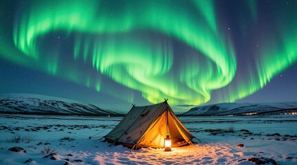 Obraz premium Green aurora borealis glows above winter campsite in snowy mountain valley. Illuminated camping tent stands in deep snow under starry night sky. Cold arctic landscape features bright polar lights