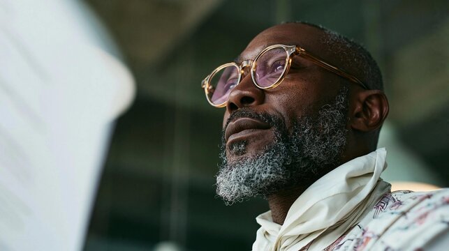 Close-up portrait of a middle-aged african-american man with a beard and mustache. he is wearing a white shirt with a floral pattern and gold-framed glasses.