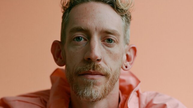 Close-up portrait of a man's face. he has short blonde hair and a beard, and his eyes are looking directly at the camera. he is wearing a pink shirt and has a serious expression on his face.