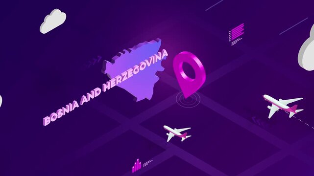 Isometric Design, Bosnia and Herzegovina Map Silhouette Location Pin and Airplanes on Purple Animation, Travel Background