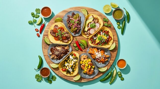 Assorted gourmet tacos with fresh ingredients on a round wooden platter against a light blue background