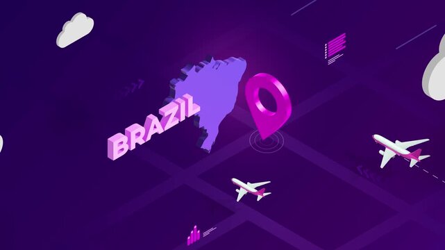 Isometric Design, Brazil Map Silhouette Location Pin and Airplanes on Purple Animation, Travel Background